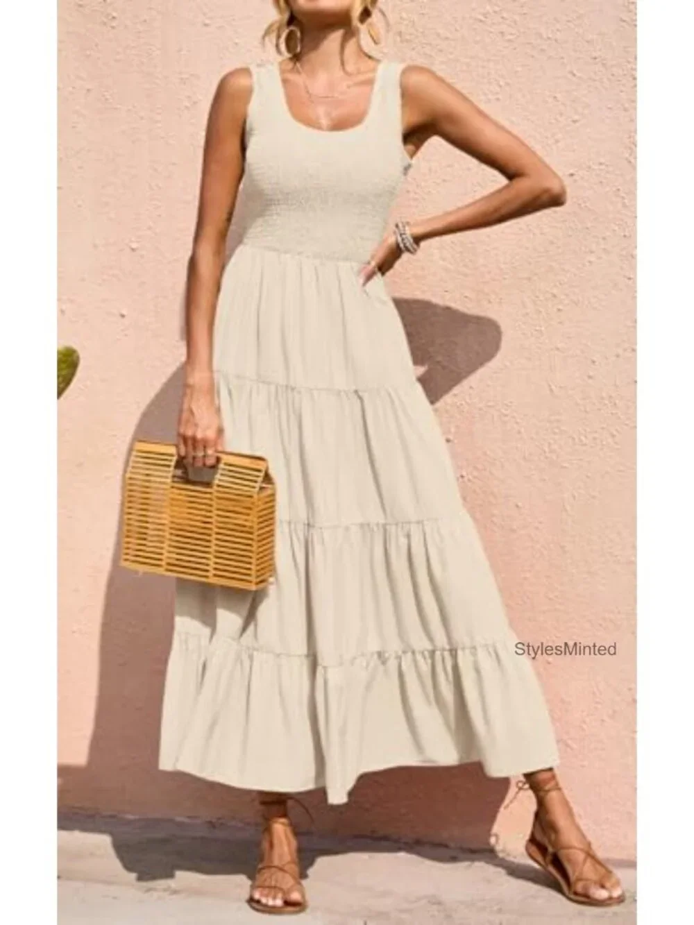 PRETTYGARDEN Sleeveless Smocked Maxi Sundress with Pockets, Tiered Flowy Long